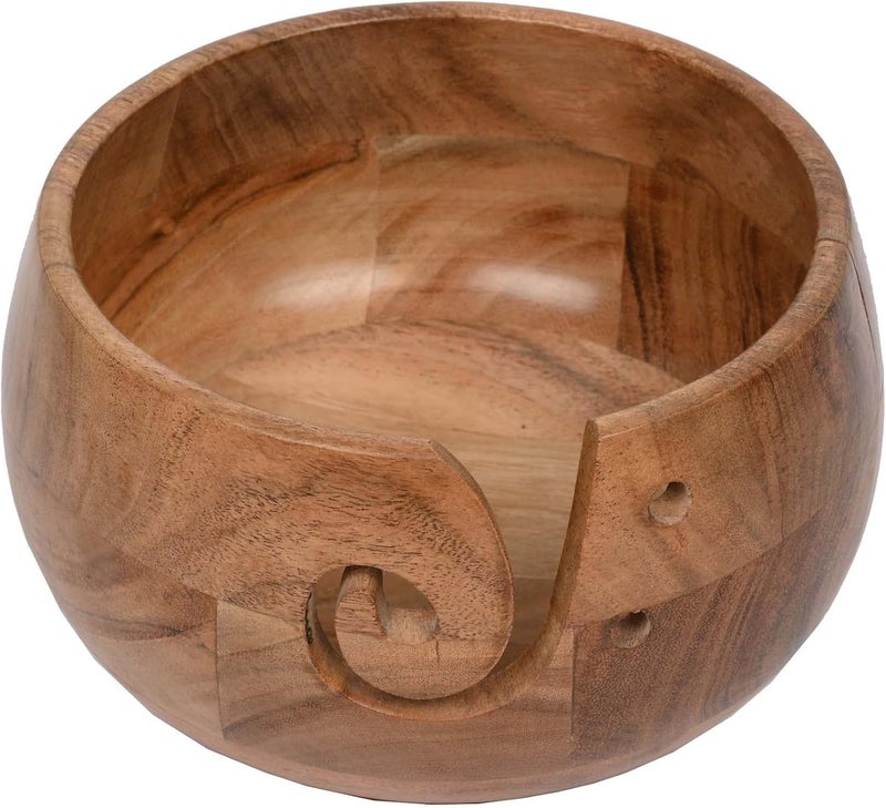 EDHAS Acacia Wood Yarn Bowl Holder | Handmade Holder with Holes | Yarn/Wool/String Storage Accessory (7" x 7" x 4") - Image 1